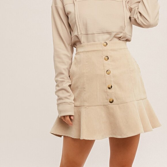 HEM & THREAD Beige Corduroy Button Front Mini Skirt | Flounce Hem - Picture 4 of 6